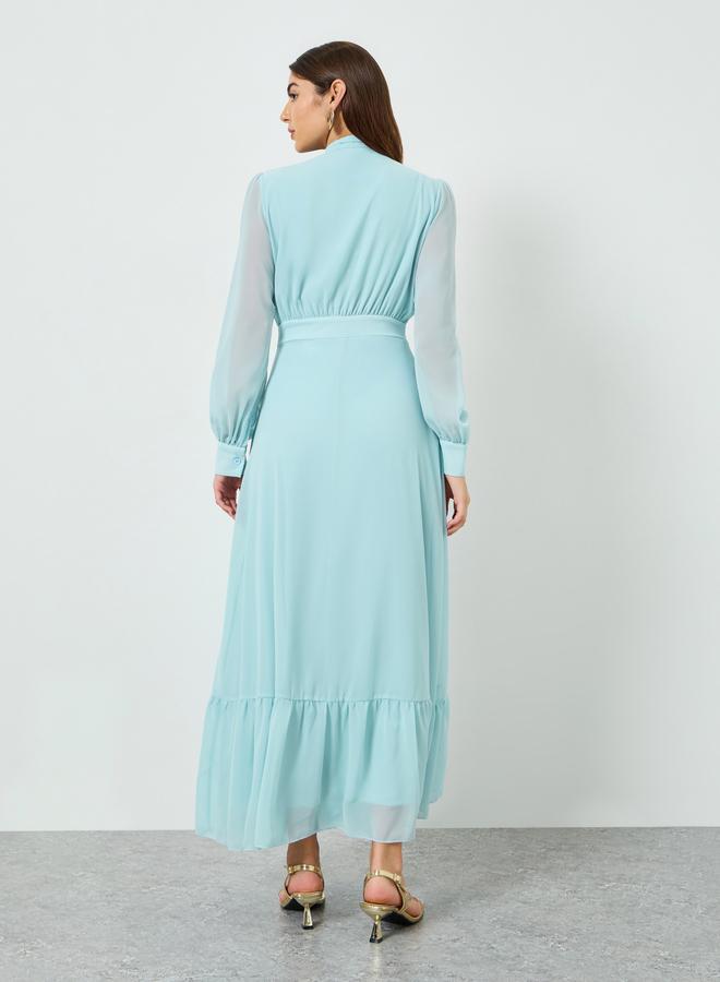 Styli Women Blue Chiffon Tie Up Neck Maxi Dress - Image 4